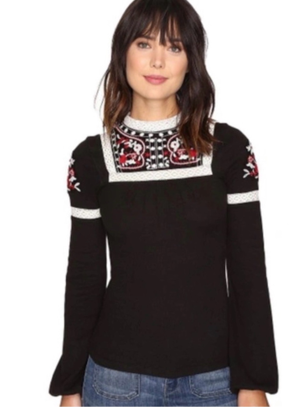 Free People Black Crewneck Sweater with White Trim and Red Embroidery
